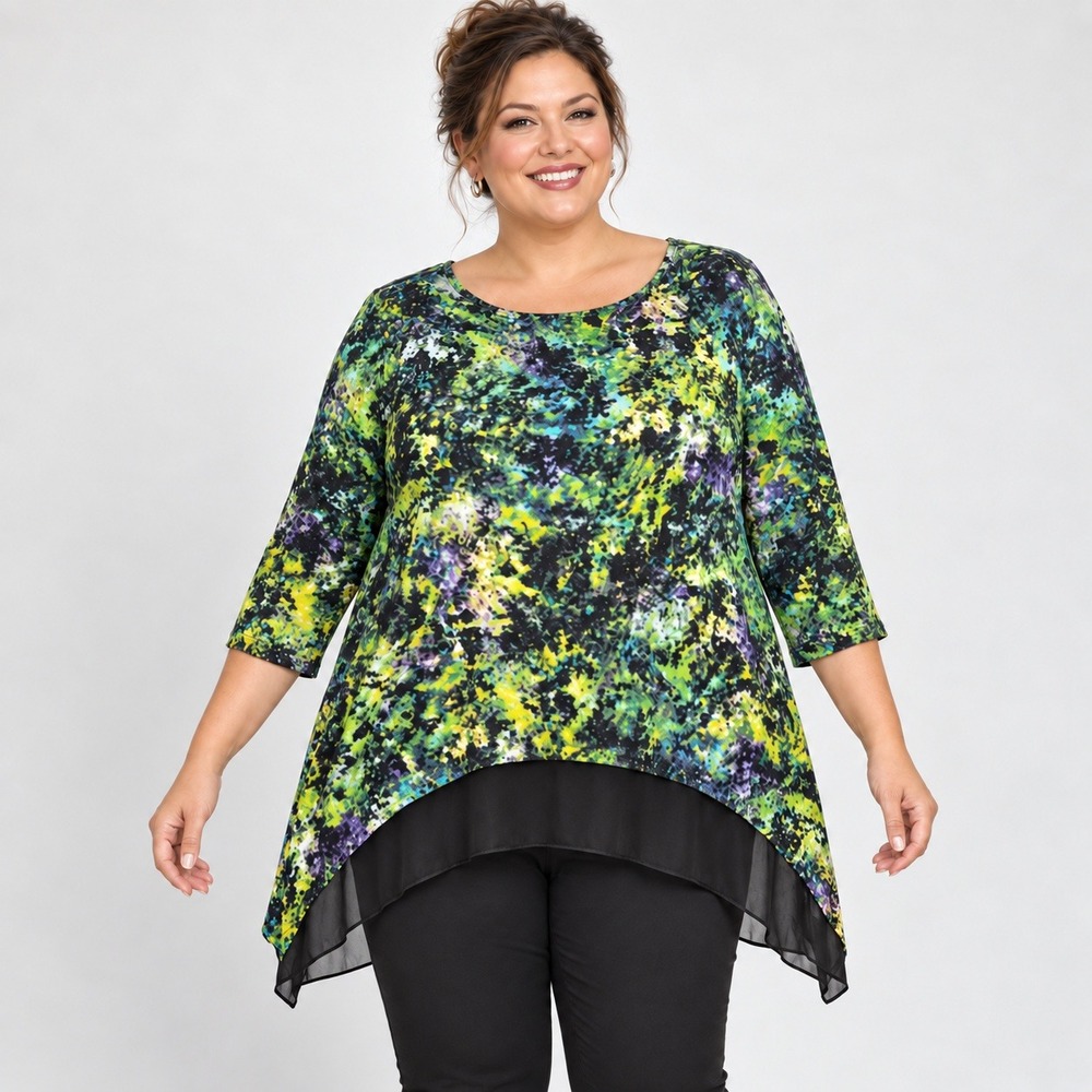 Cupio Tunic Top Women's 1X Green Abstract Floral Mesh Hem 3/4 Sleeve Plus Size